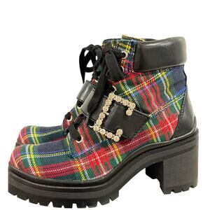 Gianni Bini Tartan Plaid St Patricks Day Platform Lug Booties Rhinestone 6.5 SZ